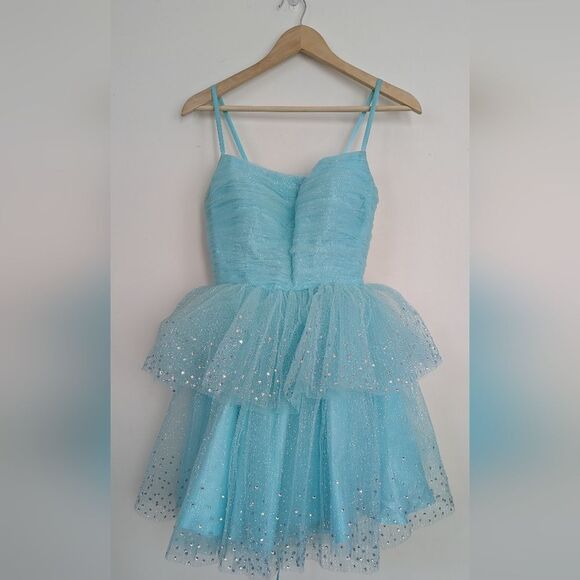 Ashley Lauren Sparkly Blue Tiered Tulle Mini Prom Dress Size 8 - Picture 1 of 9